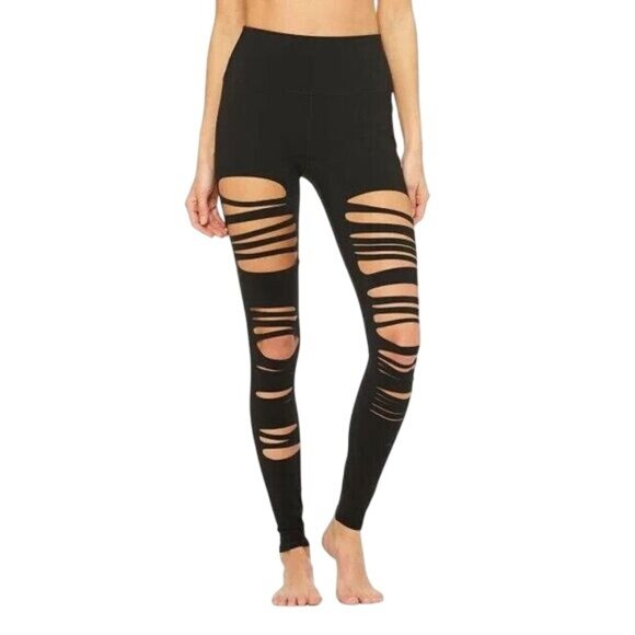 ALO Yoga Black Slashed Up High Waisted Black Athletic & Casual Leggings - Picture 3 of 11
